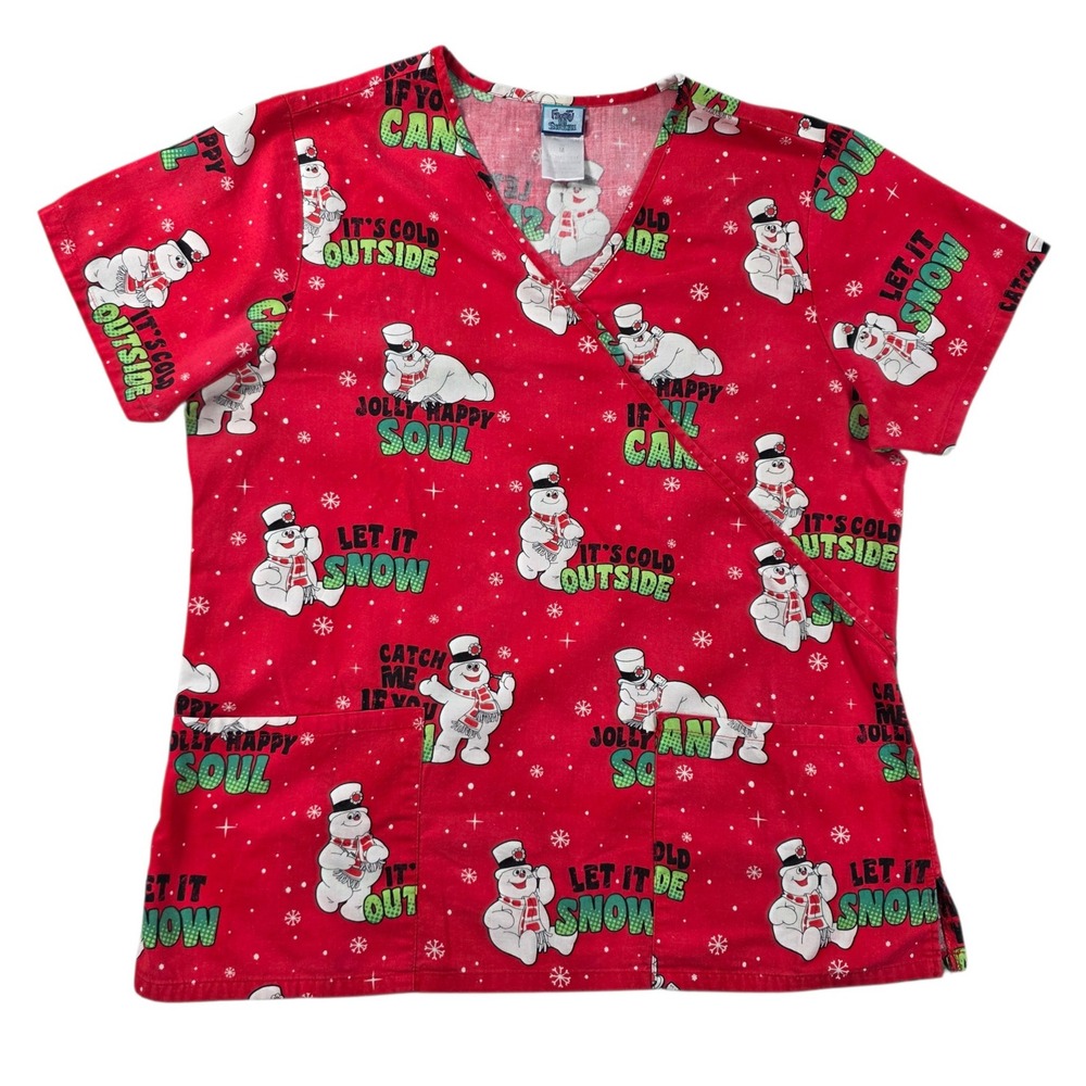 Frosty the Snowman Holiday V-Neck Scrub Top Red Medium Womens Christmas